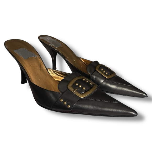 Guess Vintage Bronze Buckle Genuine Leather Pointed Kitten Heel Mules - Picture 1 of 4